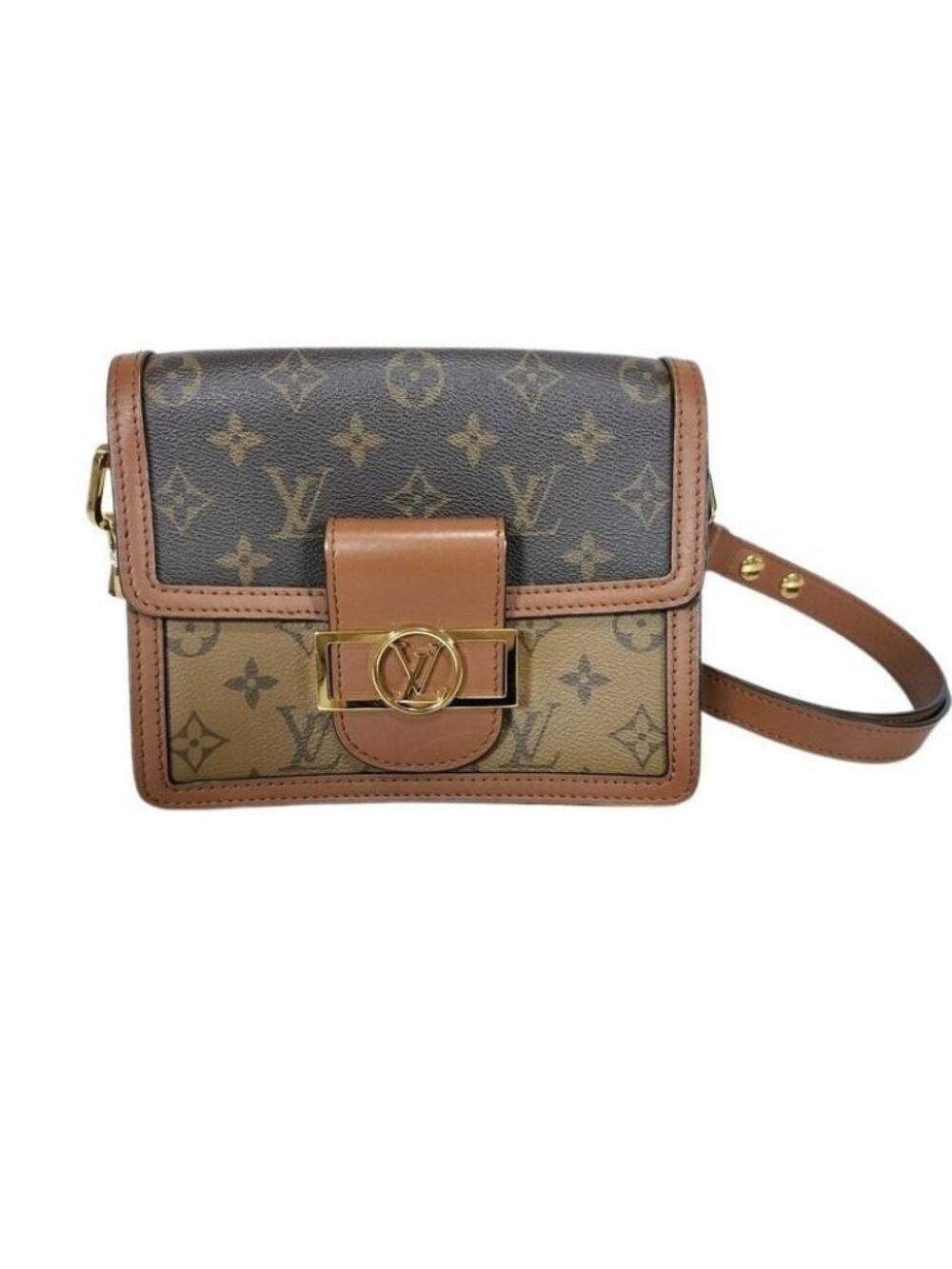 Louis Vuitton Shoulder Bag Monogram Reverse Dauphine Mini Brown Leather Gold